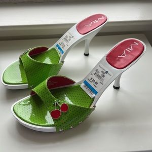 cherry green polka dot mule heels with silver stud detailing